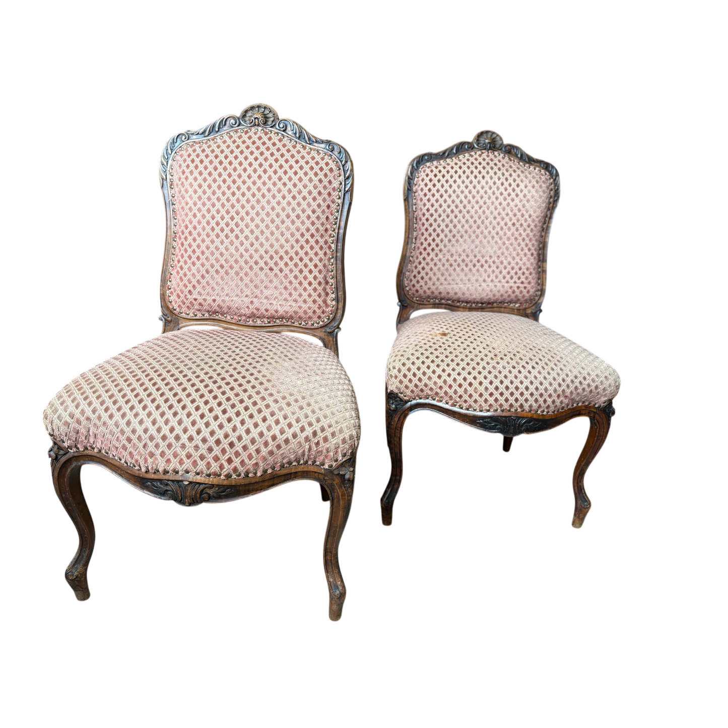 Antike Barock-Stühle (2er-Set) – Louis XV Stil, Rosé-Velours & Holzschnitzung