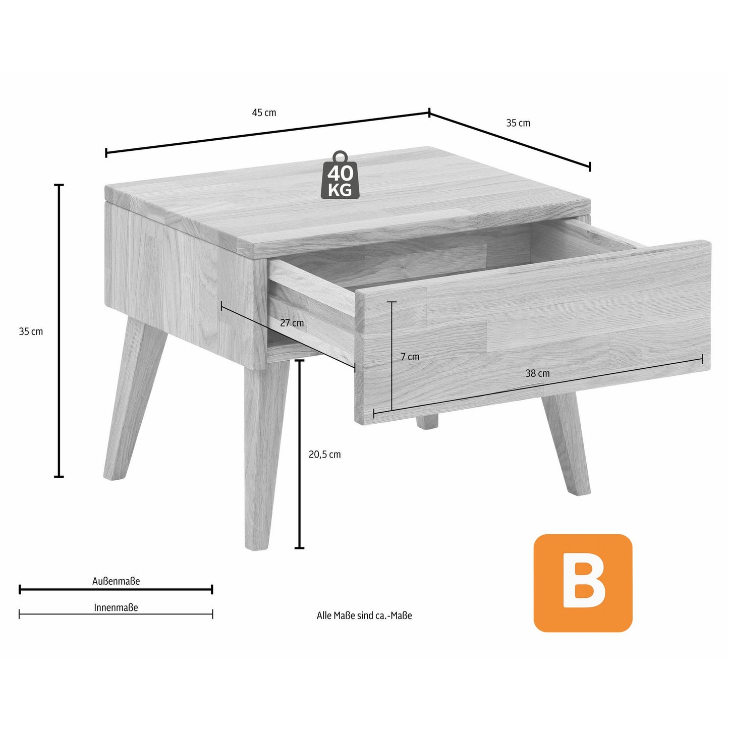 Nachttisch "Natali", massive Eiche, Breite 45 cm - HOME AFFAIRE HOME AFFAIRE