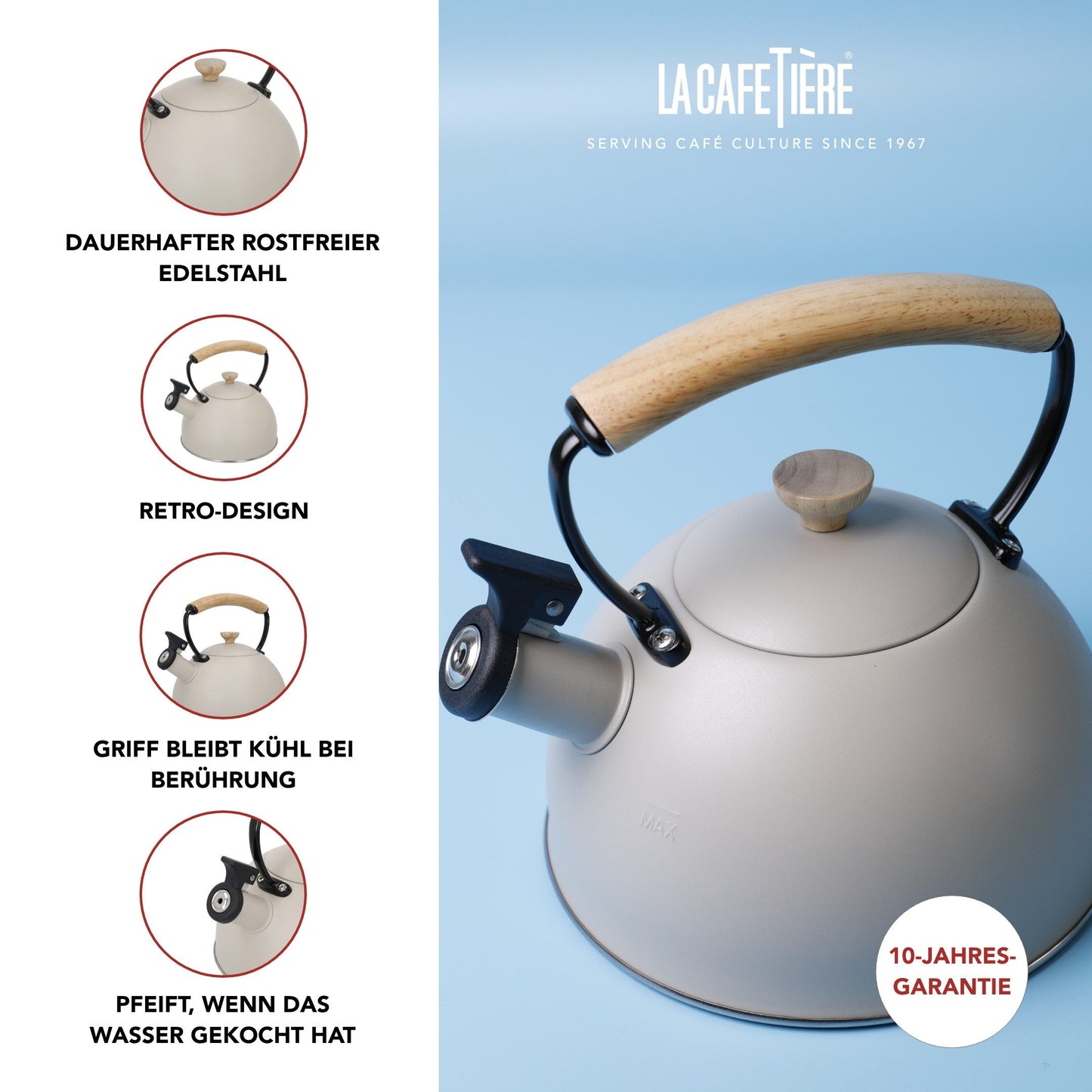 Wasserkessel, pfeifend, beige, mit Holzgriff, 1,6 Liter, Induktion - LA CAFETIÈRE LA CAFETIÈRE