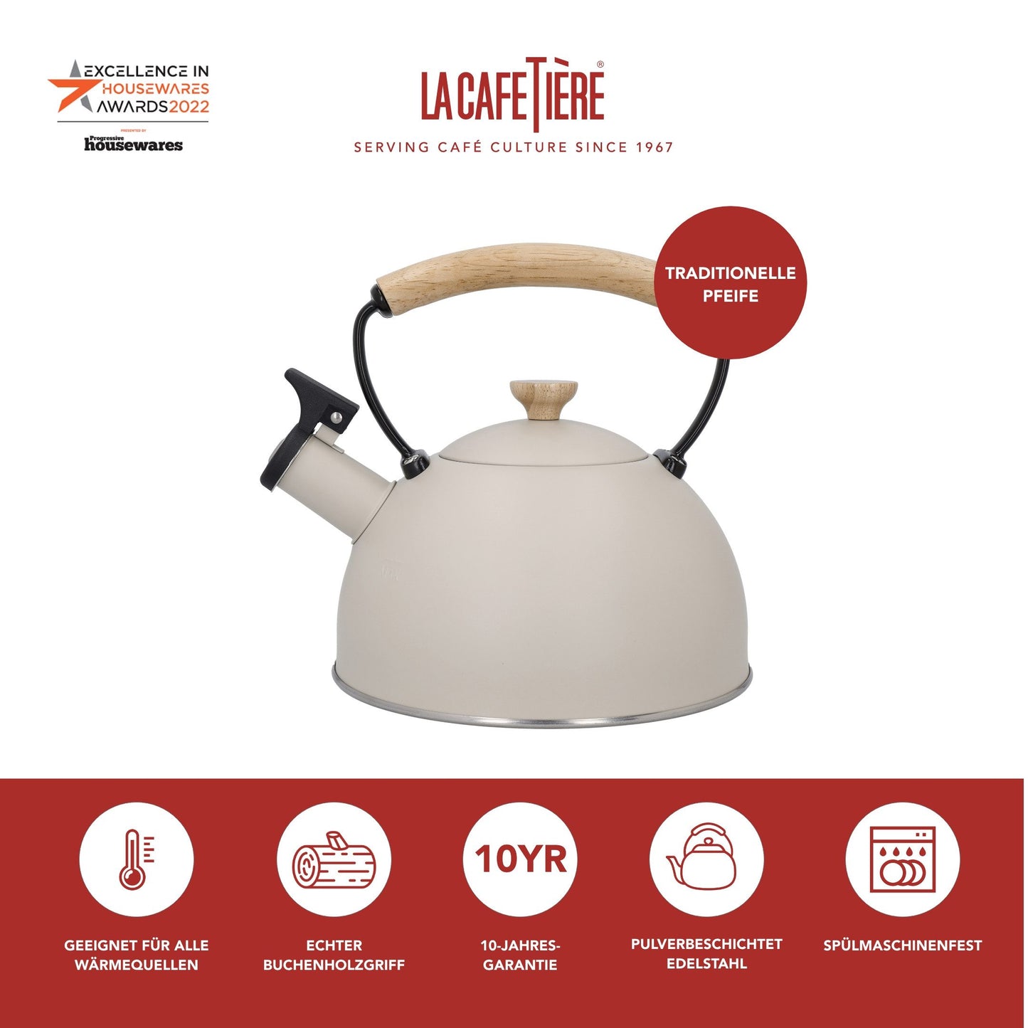 Wasserkessel, pfeifend, beige, mit Holzgriff, 1,6 Liter, Induktion - LA CAFETIÈRE LA CAFETIÈRE
