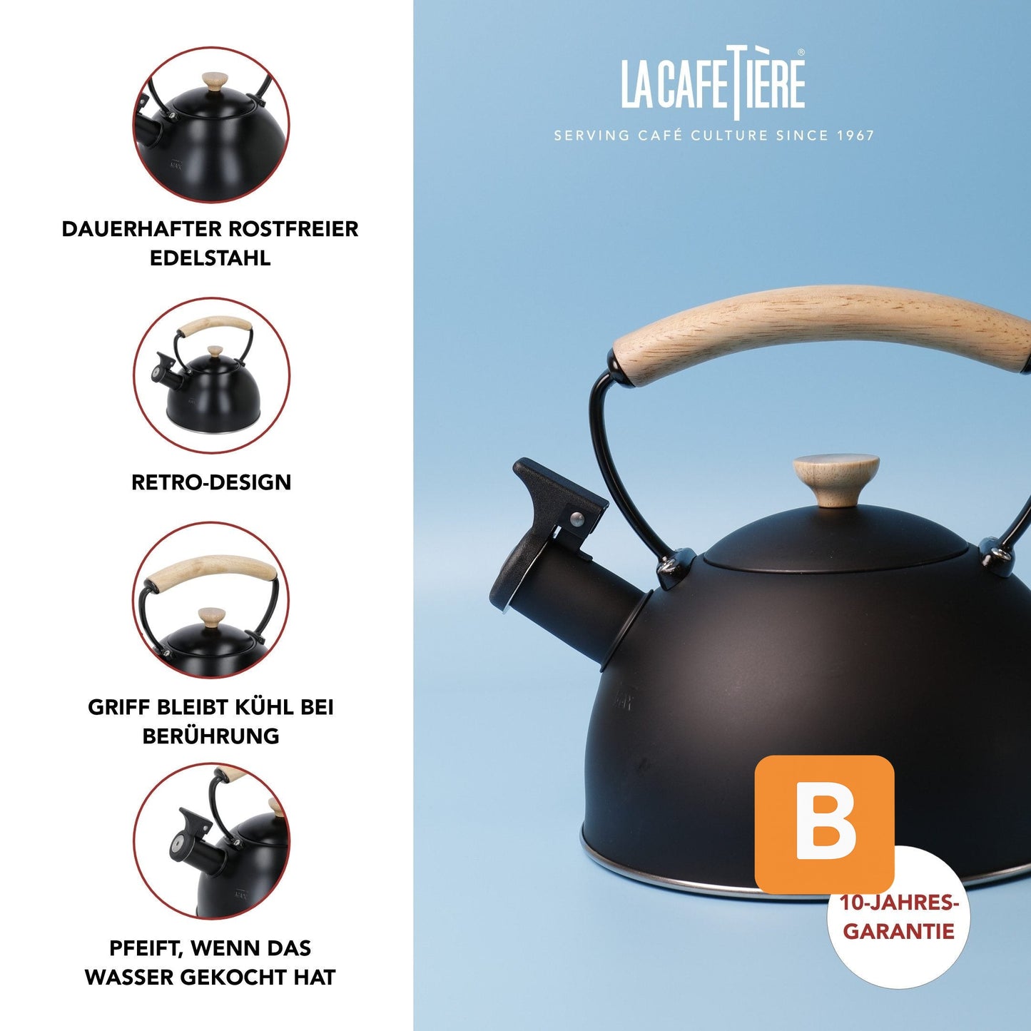 Wasserkessel, pfeifend, schwarz,mit Holzgriff, 1,6 Liter, Induktion - LA CAFETIÈRE LA CAFETIÈRE