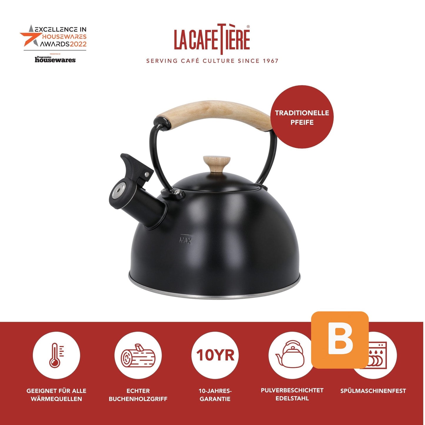 Wasserkessel, pfeifend, schwarz,mit Holzgriff, 1,6 Liter, Induktion - LA CAFETIÈRE LA CAFETIÈRE