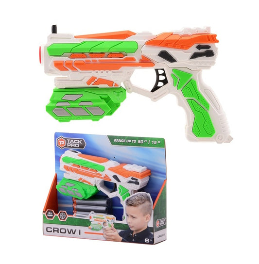 Pistola Tack PRO Crow I con 6 dardos blandos, 18 cm
