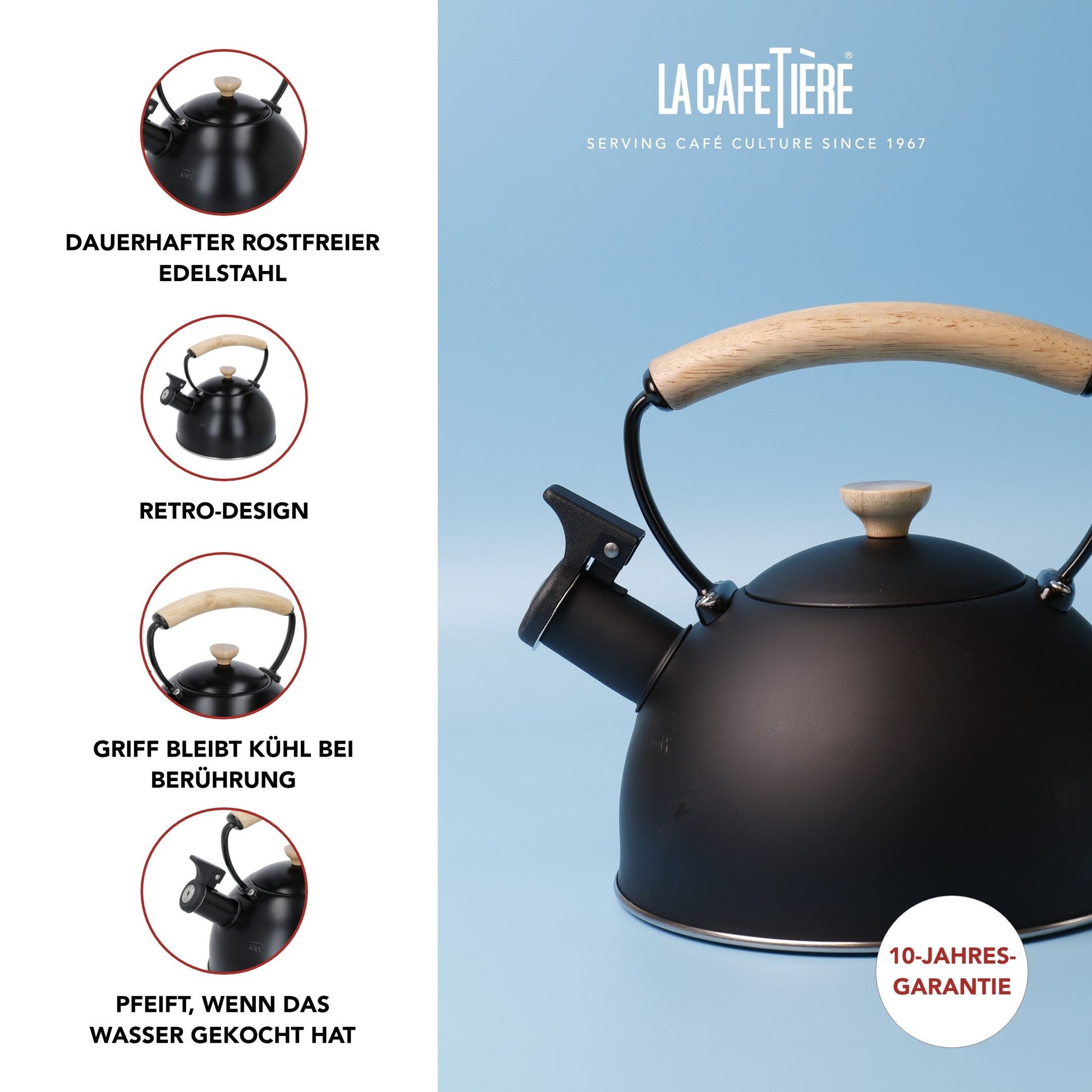 Wasserkessel, pfeifend, schwarz,mit Holzgriff, 1,6 Liter, Induktion - LA CAFETIÈRE LA CAFETIÈRE