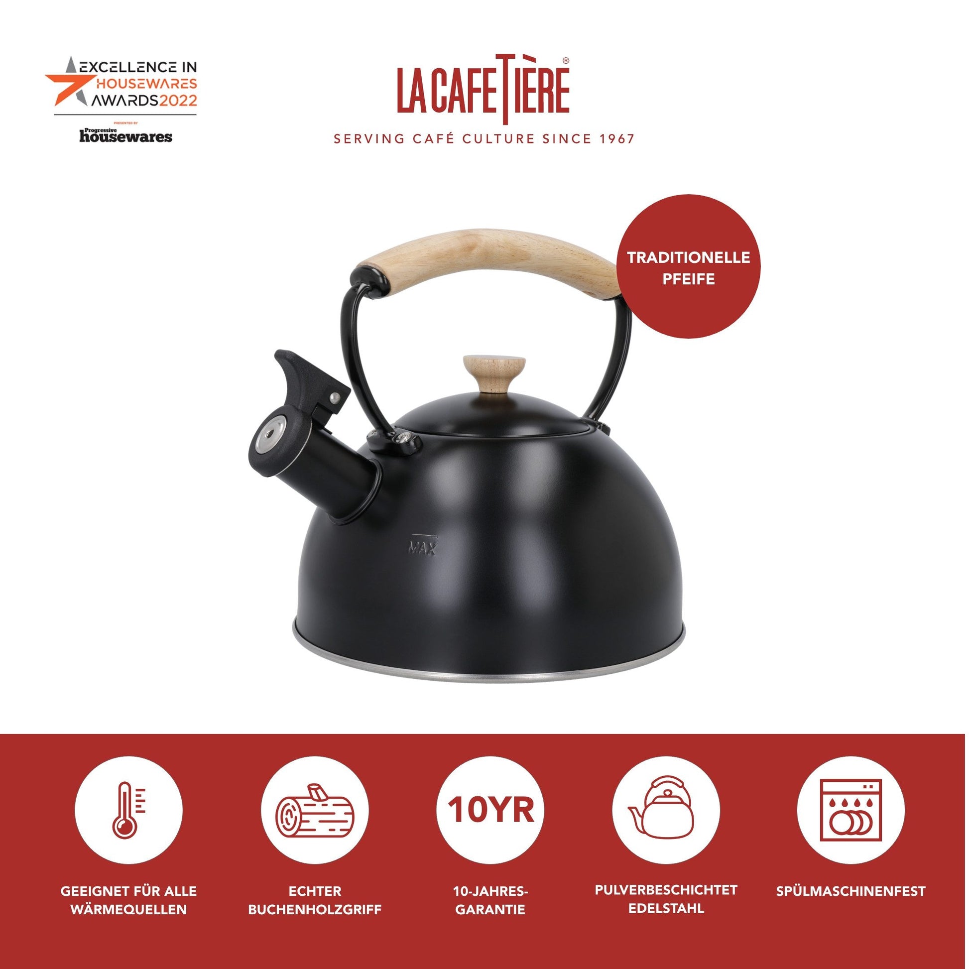 Wasserkessel, pfeifend, schwarz,mit Holzgriff, 1,6 Liter, Induktion - LA CAFETIÈRE LA CAFETIÈRE