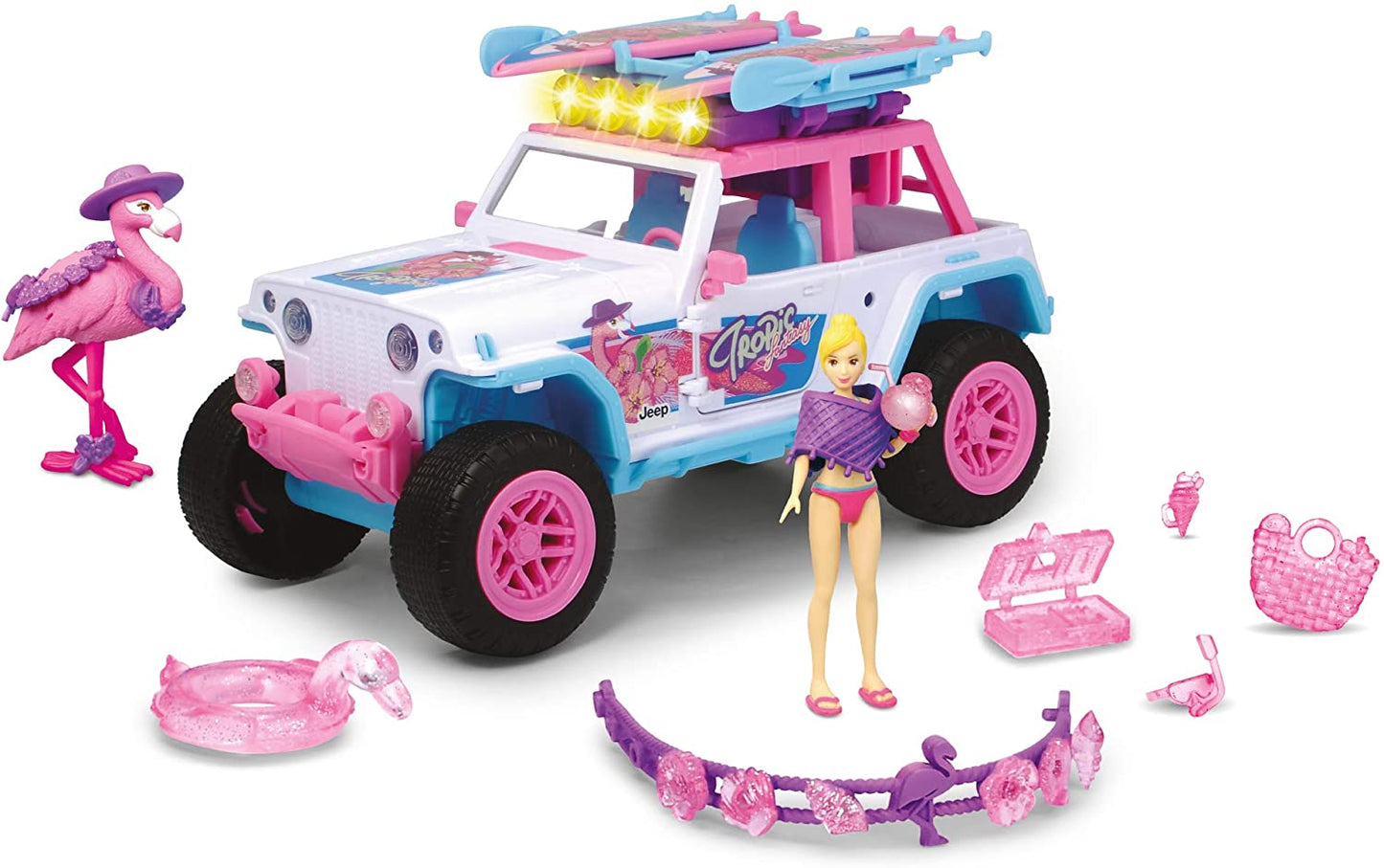 Dickie Toys - "Pink Drivez" Flamingo Jeep with toy figure, light and sound, 22 cm