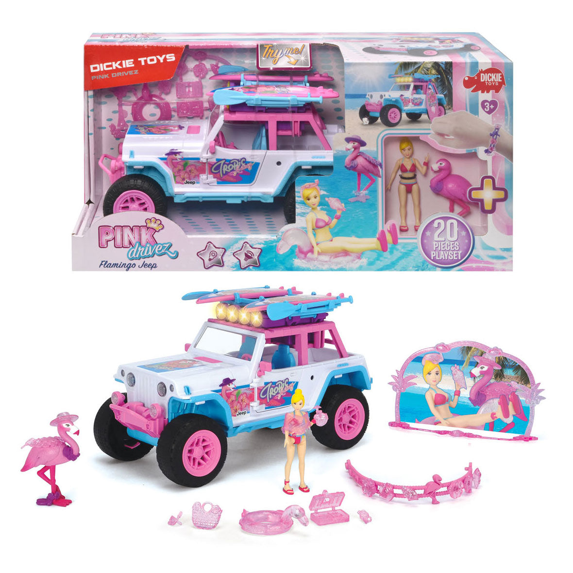 Dickie Toys - "Pink Drivez" Flamingo Jeep with toy figure, light and sound, 22 cm